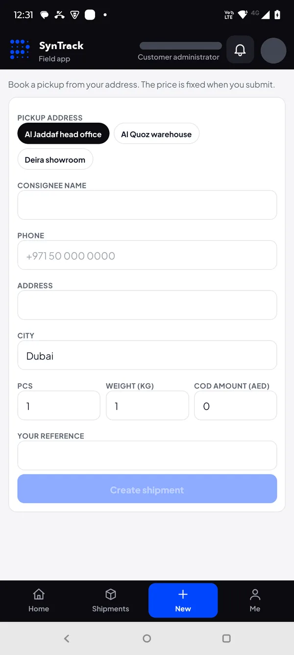 Courier customer app booking form: saved pickup addresses, consignee name, phone, address, city, pieces, weight and COD amount