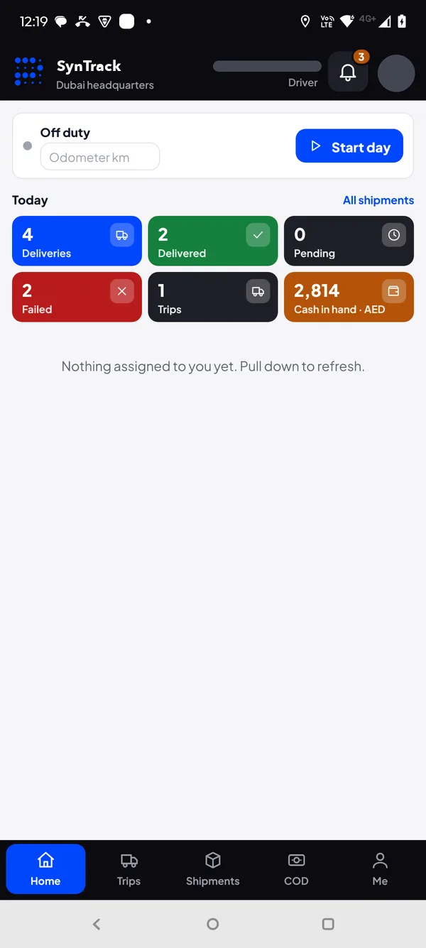 Courier driver app home: start day with odometer, deliveries, delivered, pending, failed, trips and cash in hand