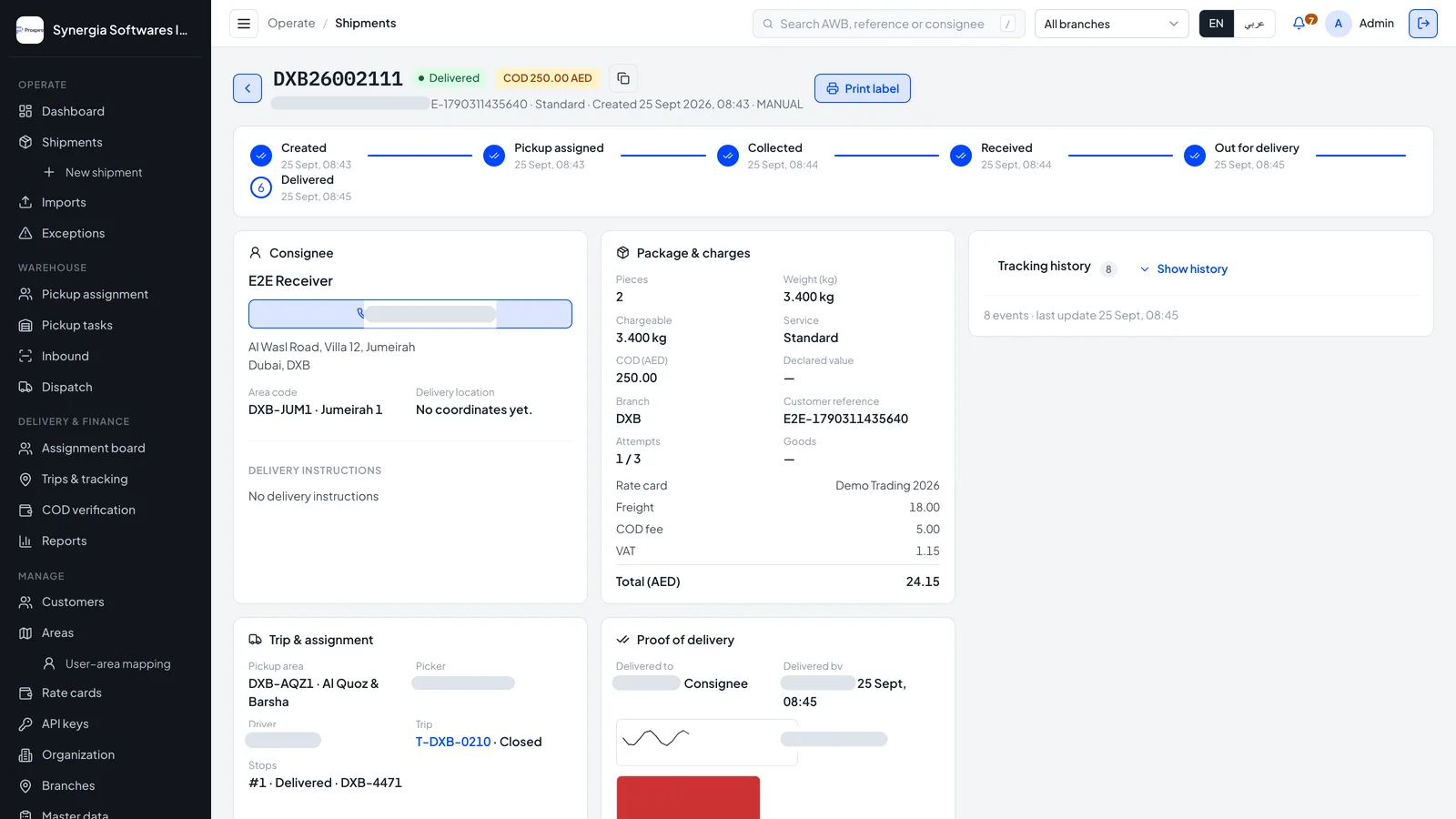 Courier shipment detail for one AWB: milestone timeline from created to delivered, consignee, package and charges with rate card, freight, COD fee and VAT, trip assignment and proof of delivery signature