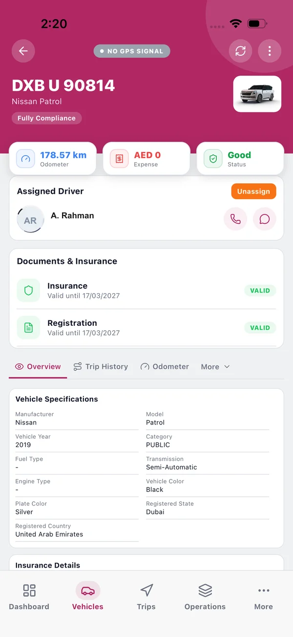 Flooom driver mobile app showing a vehicle with odometer, assigned driver, insurance and registration validity and vehicle specifications